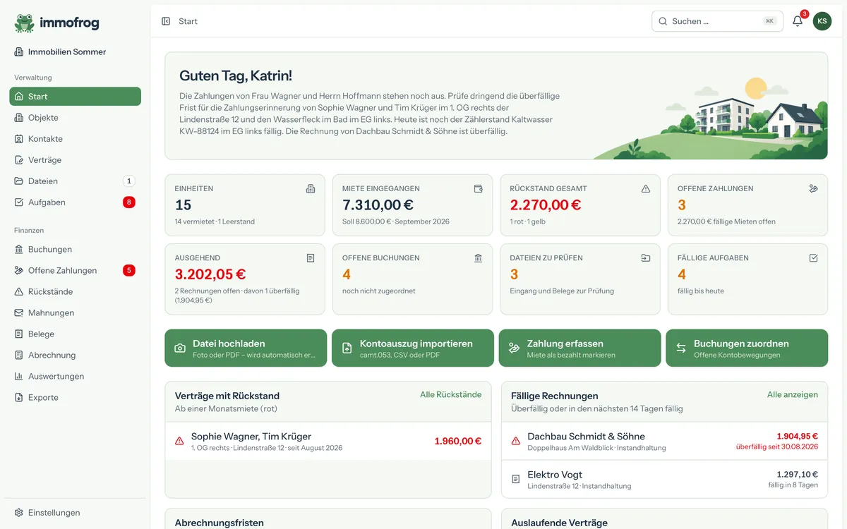 Startseite mit Kennzahlen, Rückständen und fälligen Rechnungen