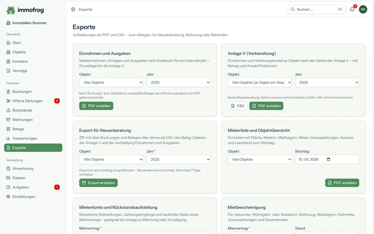 Exporte: Anlage V, Steuerberater-Export und PDF-Berichte