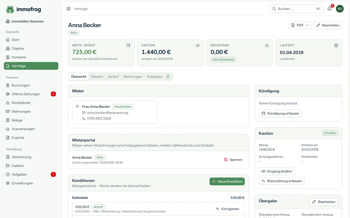 Mietvertrag mit Konditionshistorie, Kaution und erzeugten Dokumenten
