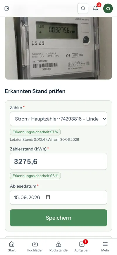 Erkannter Zählerstand vom Handyfoto