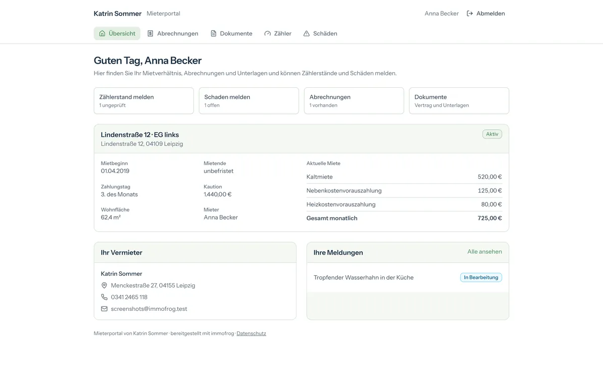 Mieterportal mit Mietverhältnis, Vermieterkontakt und Meldungen