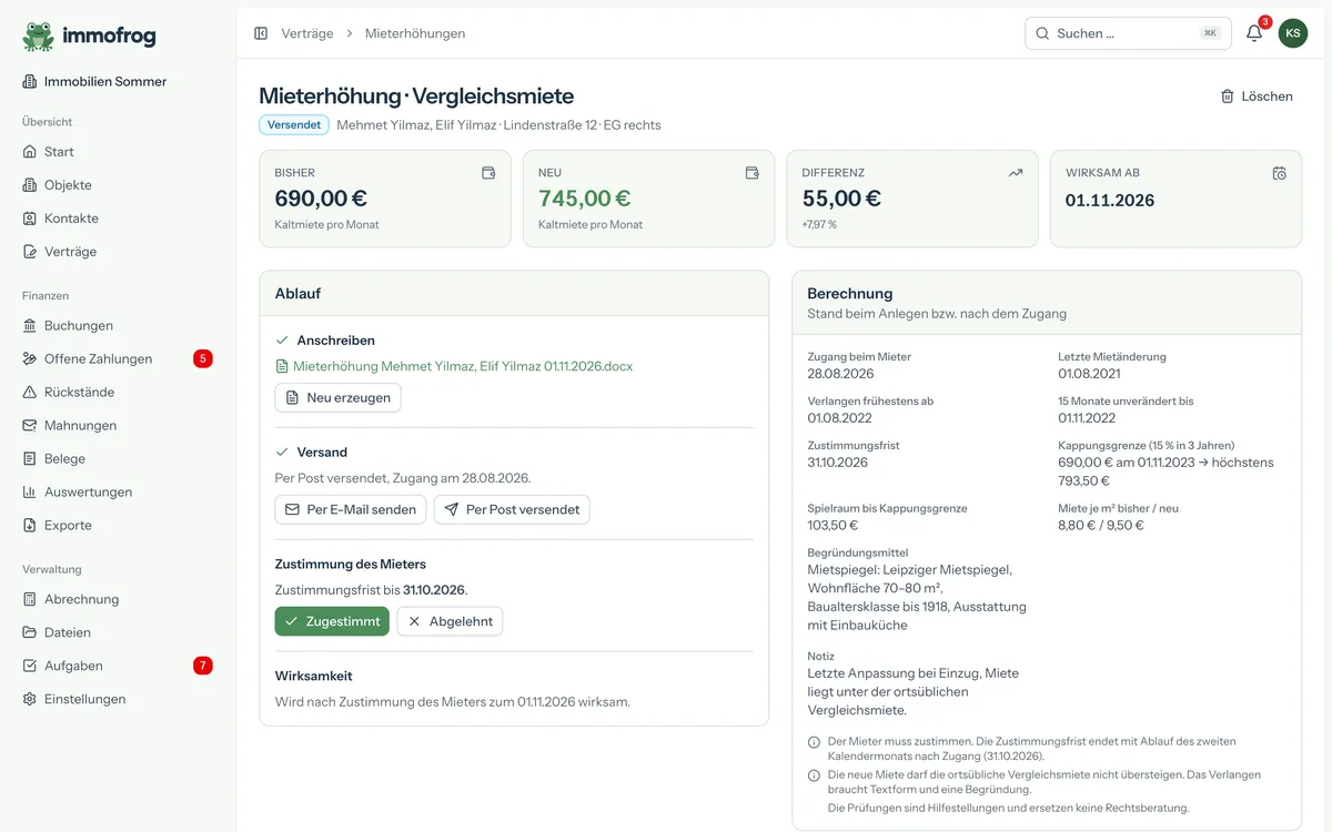 Mieterhöhung als Vorgang mit Berechnung und Schreiben